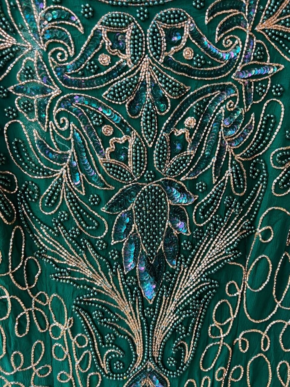 Vintage 80s Jewels Anne Creations Silk Beaded Evening Gown | Emerald | S - Picture 4 of 6